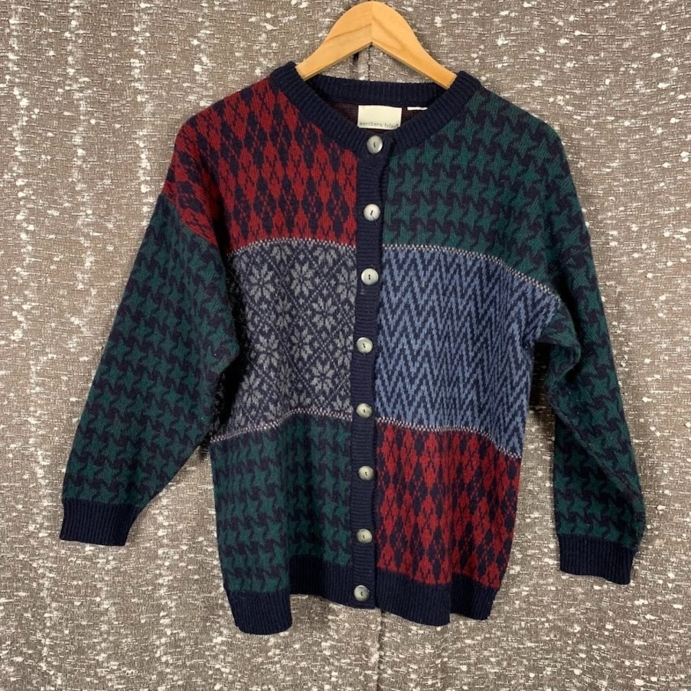 Vintage Northern Isles‎ Knit Colorblock Cardigan Sweater Holiday Preppy Womens